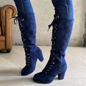Blue suede lace-up block heel boots with tie detail
