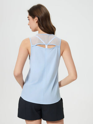 Light blue mesh-back performance tank top with a cutout detail on the back.