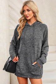 Charcoal textured raglan sleeve hoodie with drawstring hood and front pocket.
