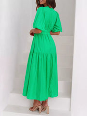 Elegant Puff Sleeve V-neck Midi Dress