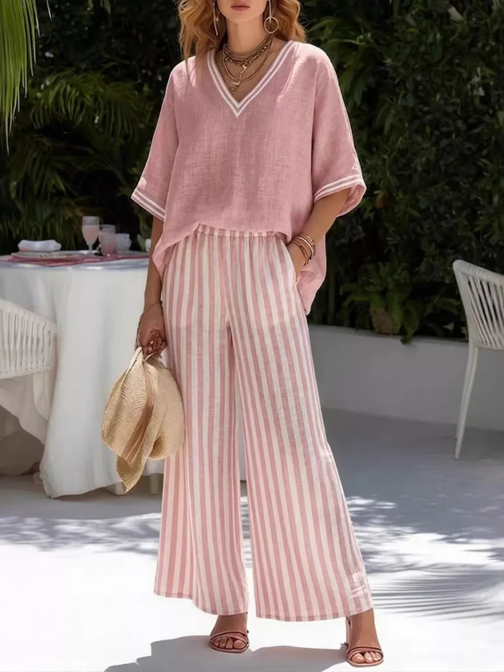 Pink striped V-neck top with white trim and wide-leg pants set