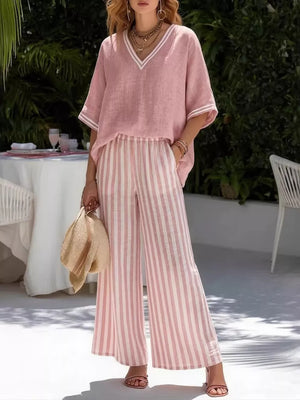 Pink striped V-neck top with white trim and wide-leg pants set