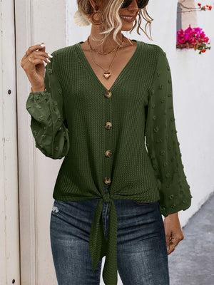 Army green waffle knit tie front blouse with swiss dot sleeves and button front