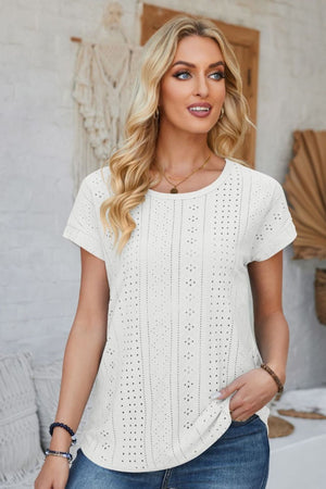 White perforated eyelet t-shirt with short cuffed sleeves and a crew neckline.