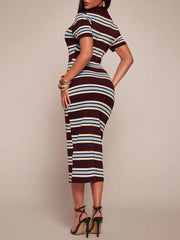 Chic striped polo midi dress in burgundy with blue and white stripes, short sleeves, and buttoned neckline.