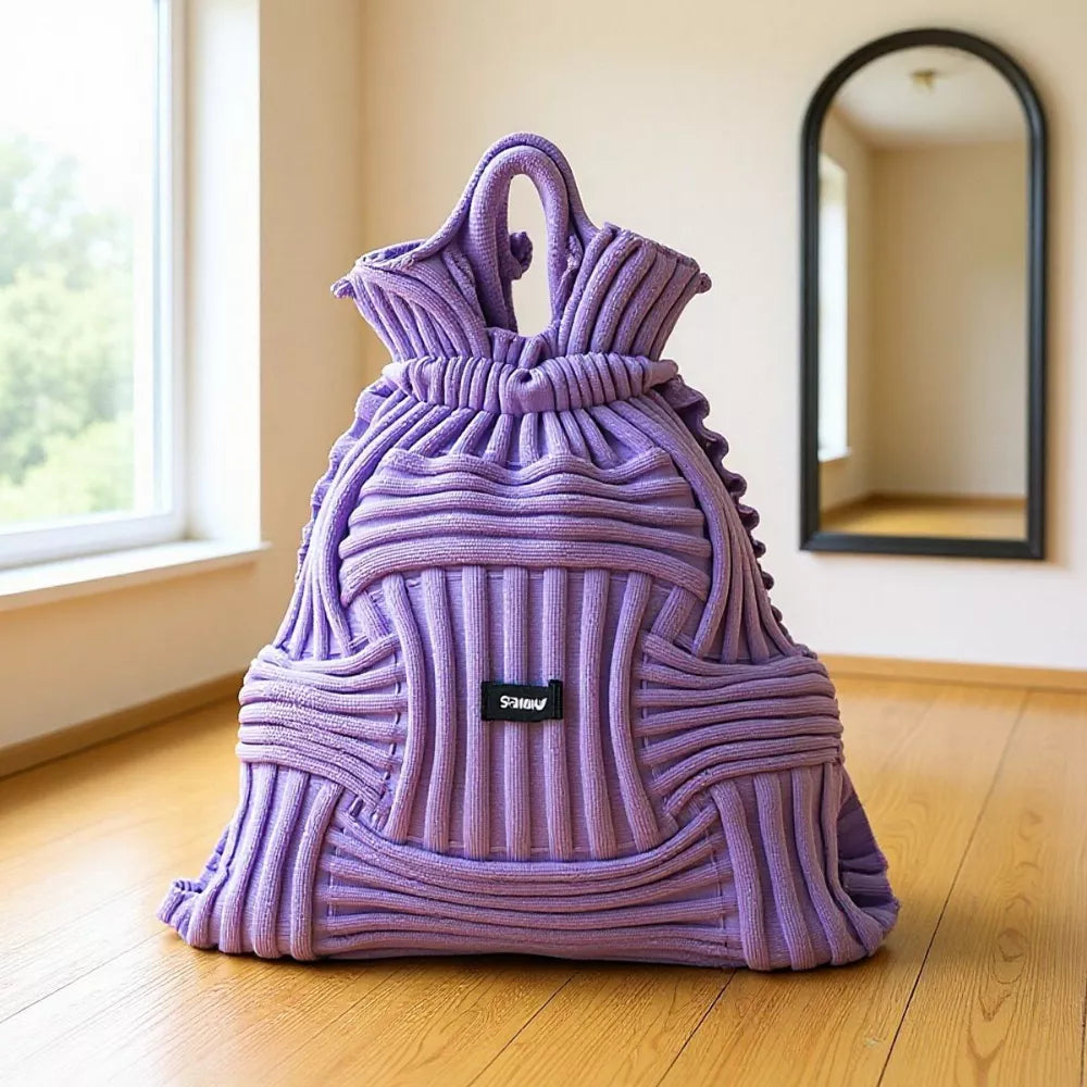 Purple textured knit medium backpack bag with drawstring closure and top handle.