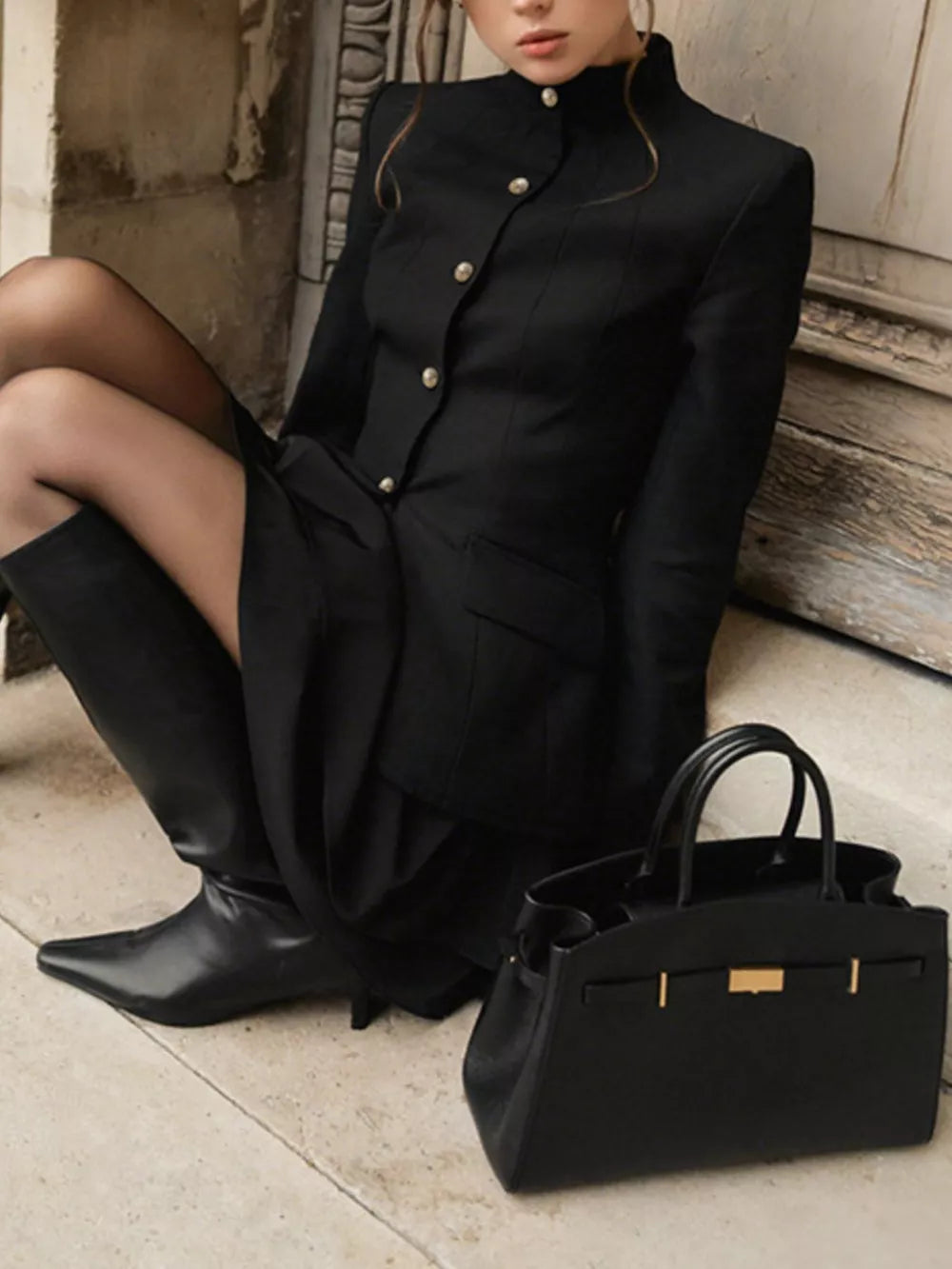 Elegant Stand Collar Blazer And Mini Skirt Set in Black, alternate angle