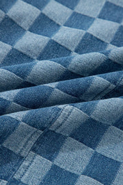 Checkered denim mini dress with frayed hems, blue and light blue cotton fabric detail