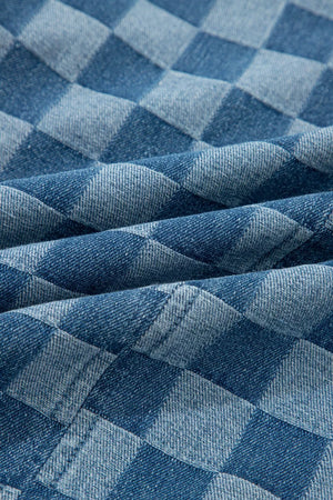 Checkered denim mini dress with frayed hems, blue and light blue cotton fabric detail