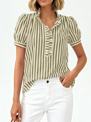 Ruffled puff sleeve blouse in green and white stripe with button-down detail.