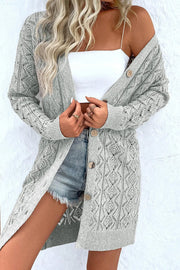 Gray diamond knit duster cardigan with button front and open weave detail