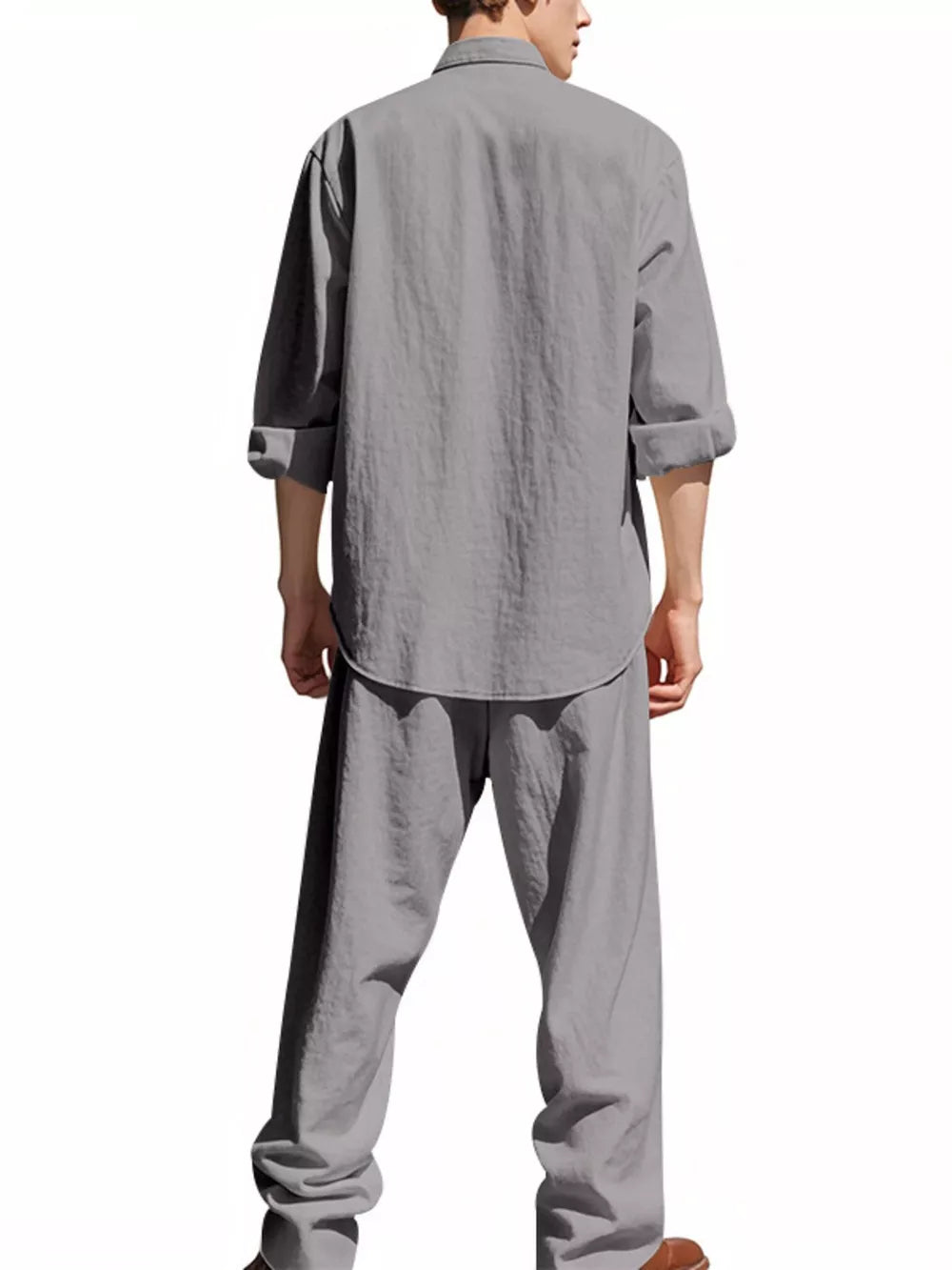 Men's gray linen blend casual two-piece set with rolled sleeves