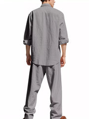 Men's gray linen blend casual two-piece set with rolled sleeves