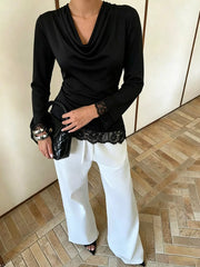 Lace Trim Cowl Neck Blouse in Black, model styling view