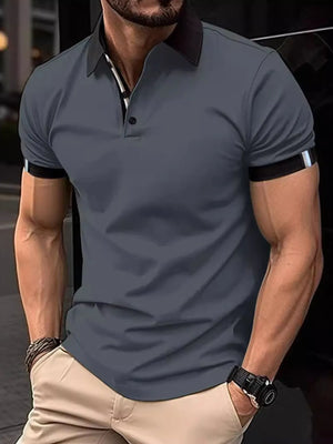 Dark Gray polo shirt with contrast collar and striped sleeve trim.