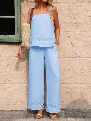 Sky blue cami and wide-leg pants set with lace trim detail
