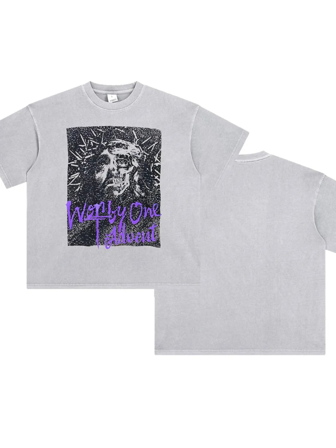 Gray oversized graphic tee with a distressed print of a skull wearing a crown of thorns and purple text.