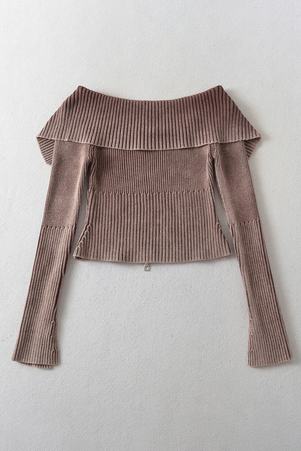 Off-shoulder ribbed top in taupe with flare sleeves and button details.