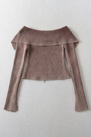 Off-shoulder ribbed top in taupe with flare sleeves and button details.
