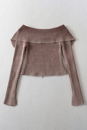 Off-shoulder ribbed top in taupe with flare sleeves and button details.