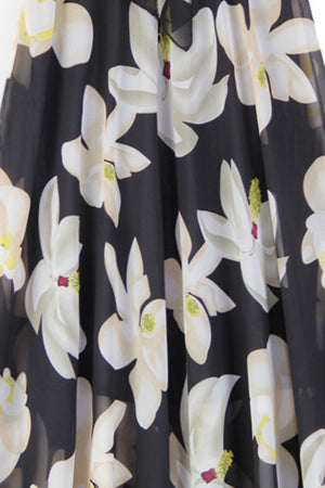 Black chiffon midi skirt with white magnolia print and belted detail