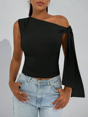 Black asymmetrical tie detail cropped blouse with one-shoulder neckline.