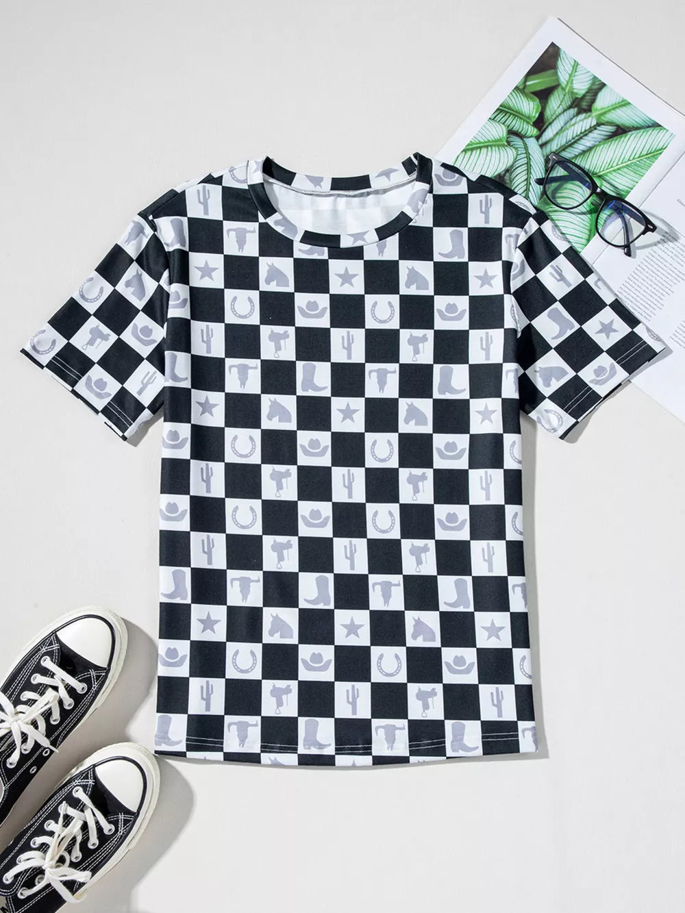 Western Checkerboard Print Side Split T-shirt in Black, fabric detail