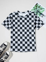 Western Checkerboard Print Side Split T-shirt in Black, fabric detail