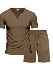 Brown V-neck tee with notched collar and drawstring shorts set for men.