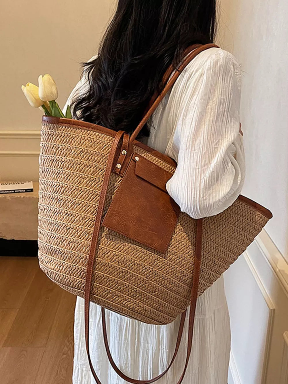 Straw Woven Shoulder Bag With Leather Accents in Khaki, side view