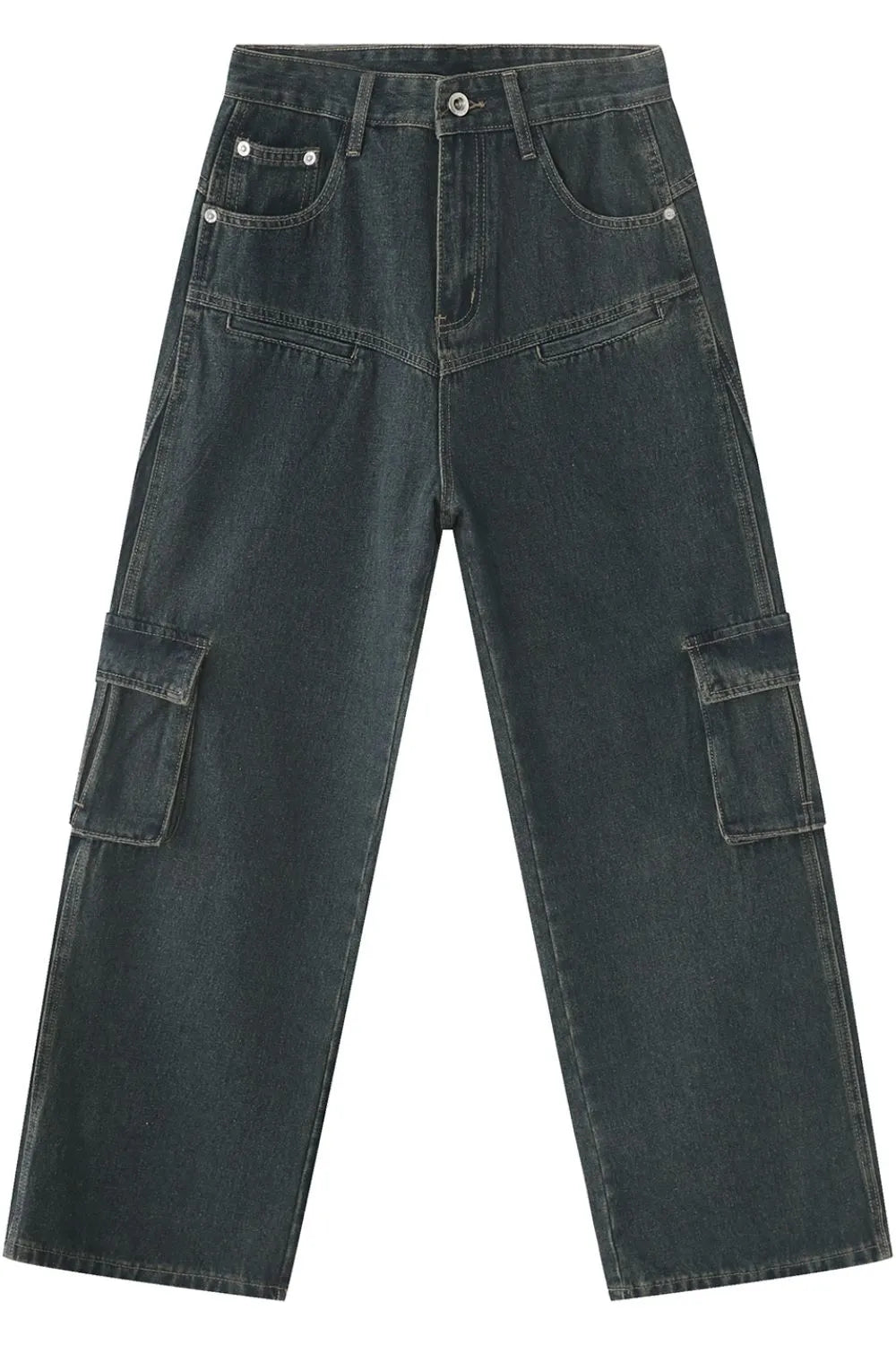 Dark wash denim cargo pants with paneling and utility pockets.