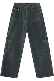 Dark wash denim cargo pants with paneling and utility pockets.