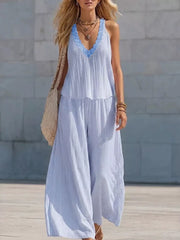 Sky blue striped two-piece set with ruffle trim V-neck tank and wide-leg pants.