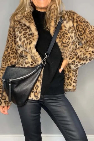 Leopard print faux fur collar coat with a black crossbody bag and black pants