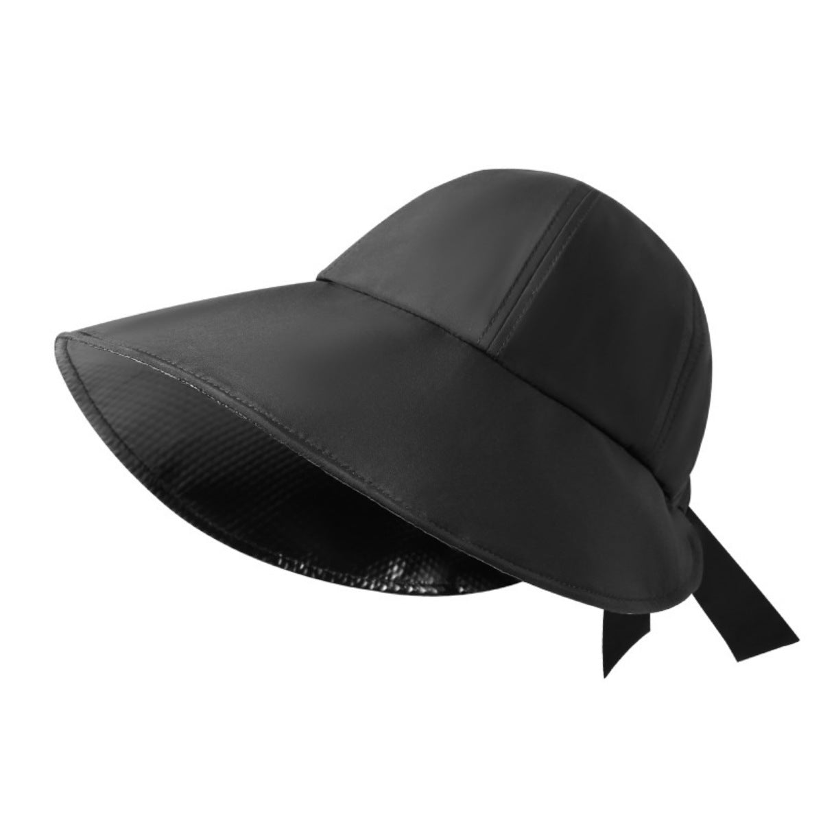 Black wide brim sun hat with bowknot detail and textured lining.