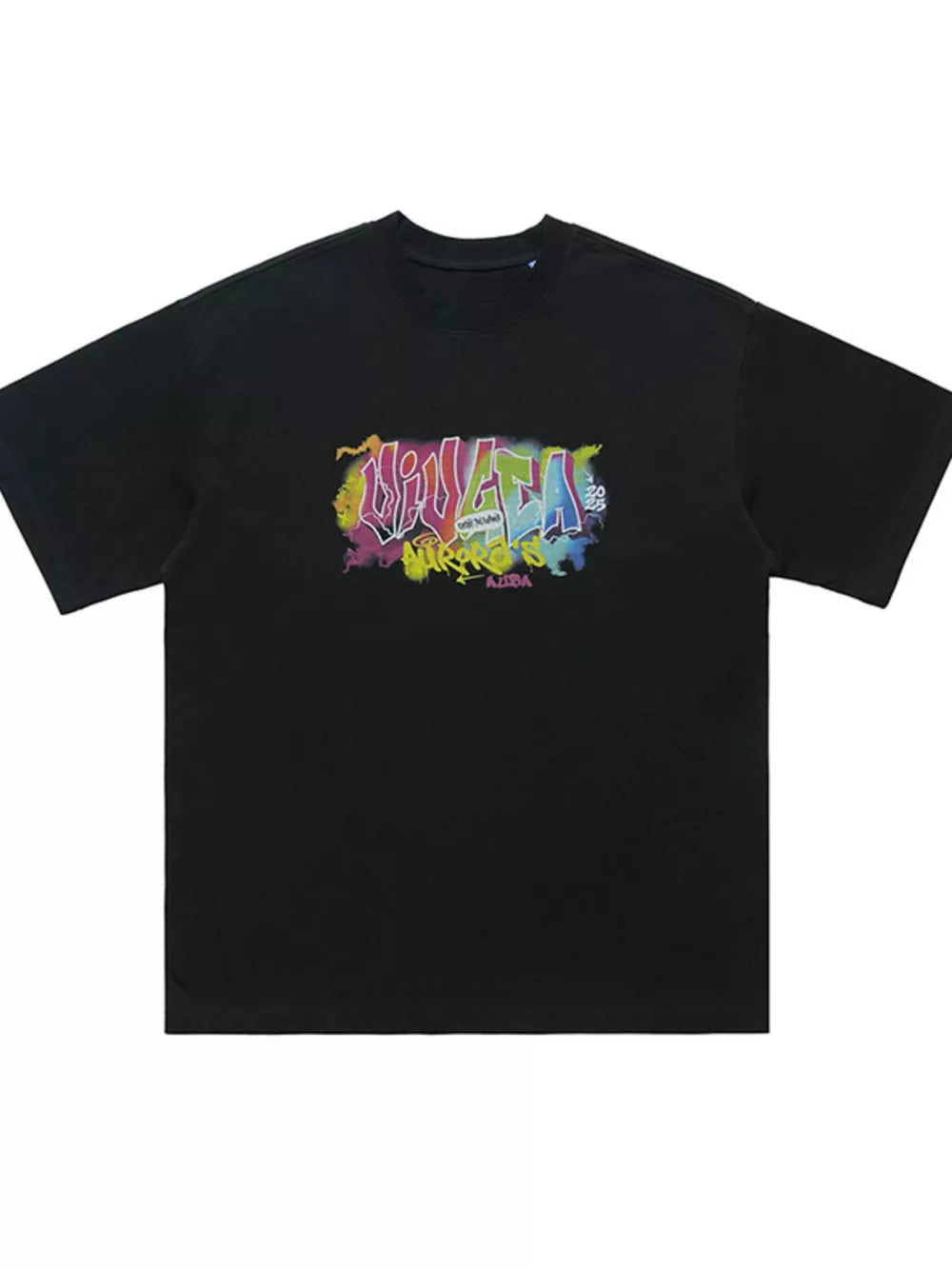 Black cotton t-shirt with bold, colorful graffiti graphic print.