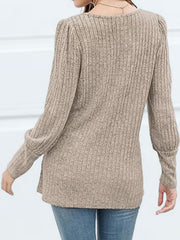 Ribbed knit blouse in Dust Storm with puff sleeves and button detail.