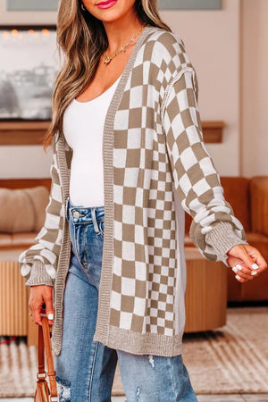 Checkerboard knit cardigan with ribbed details and button-down front in acrylic.