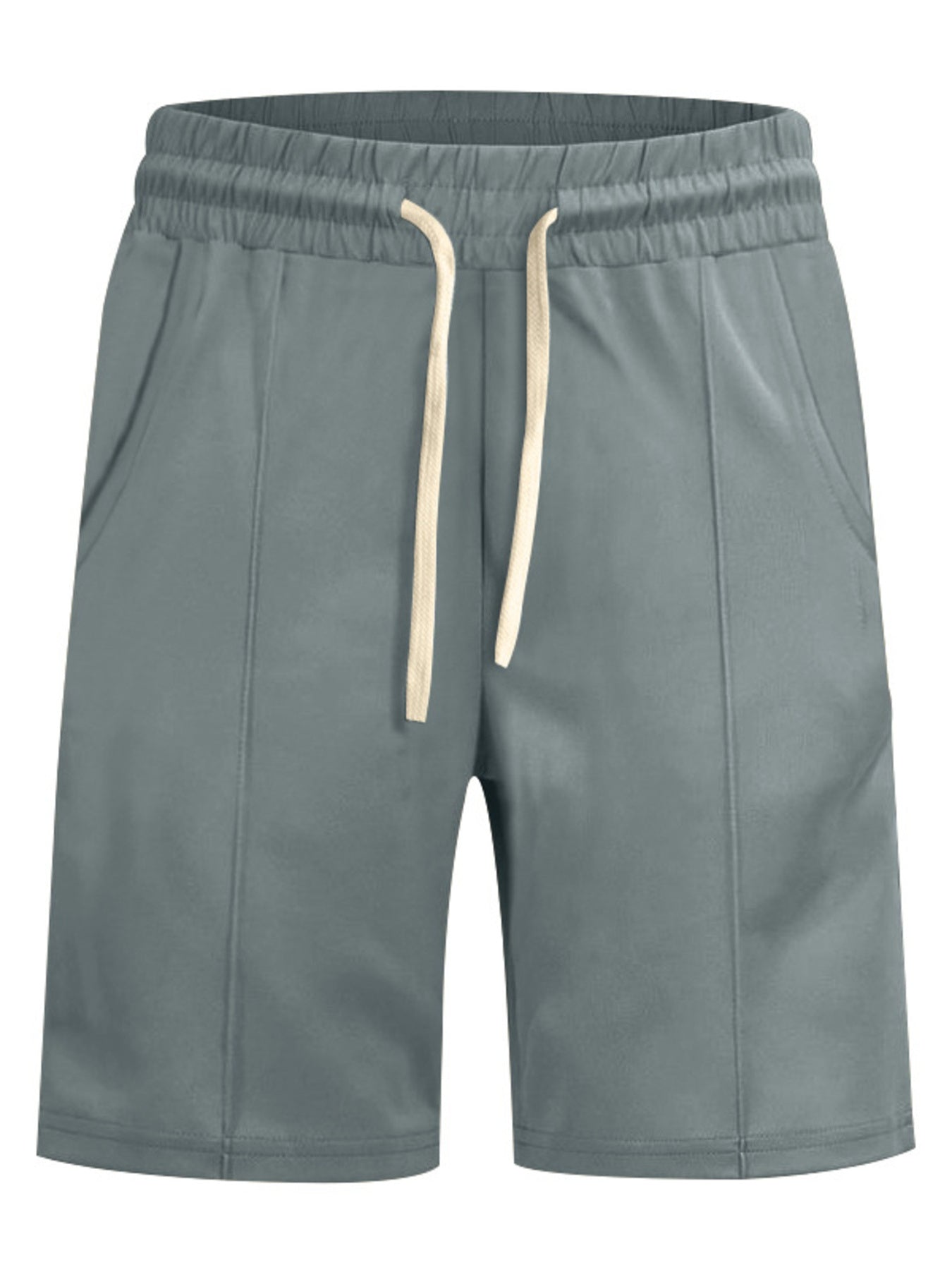 Men's sage chino shorts with drawstring waist and side pockets.