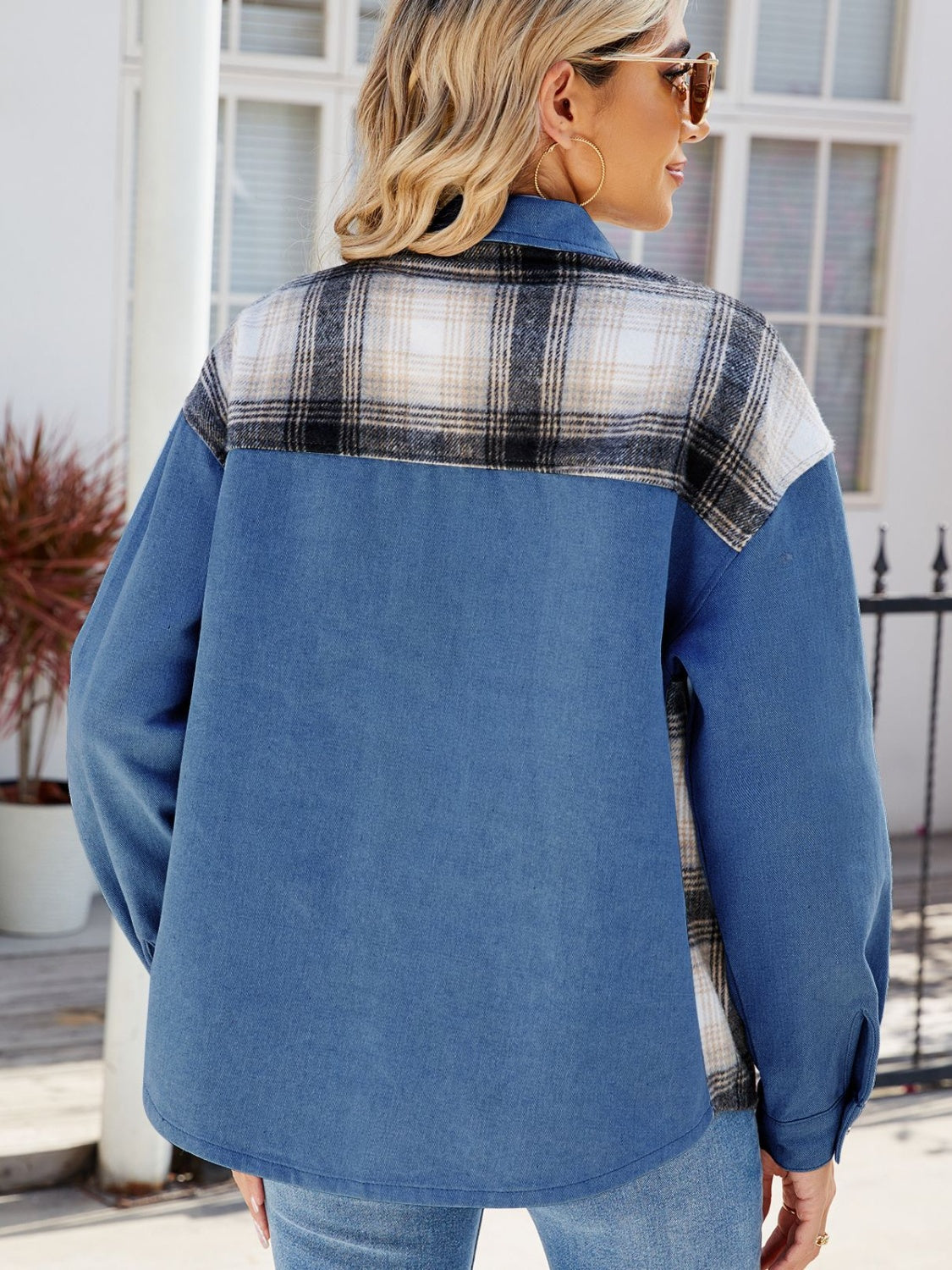 Denim overshirt with plaid patchwork detail on the back yoke in Dusty Blue.