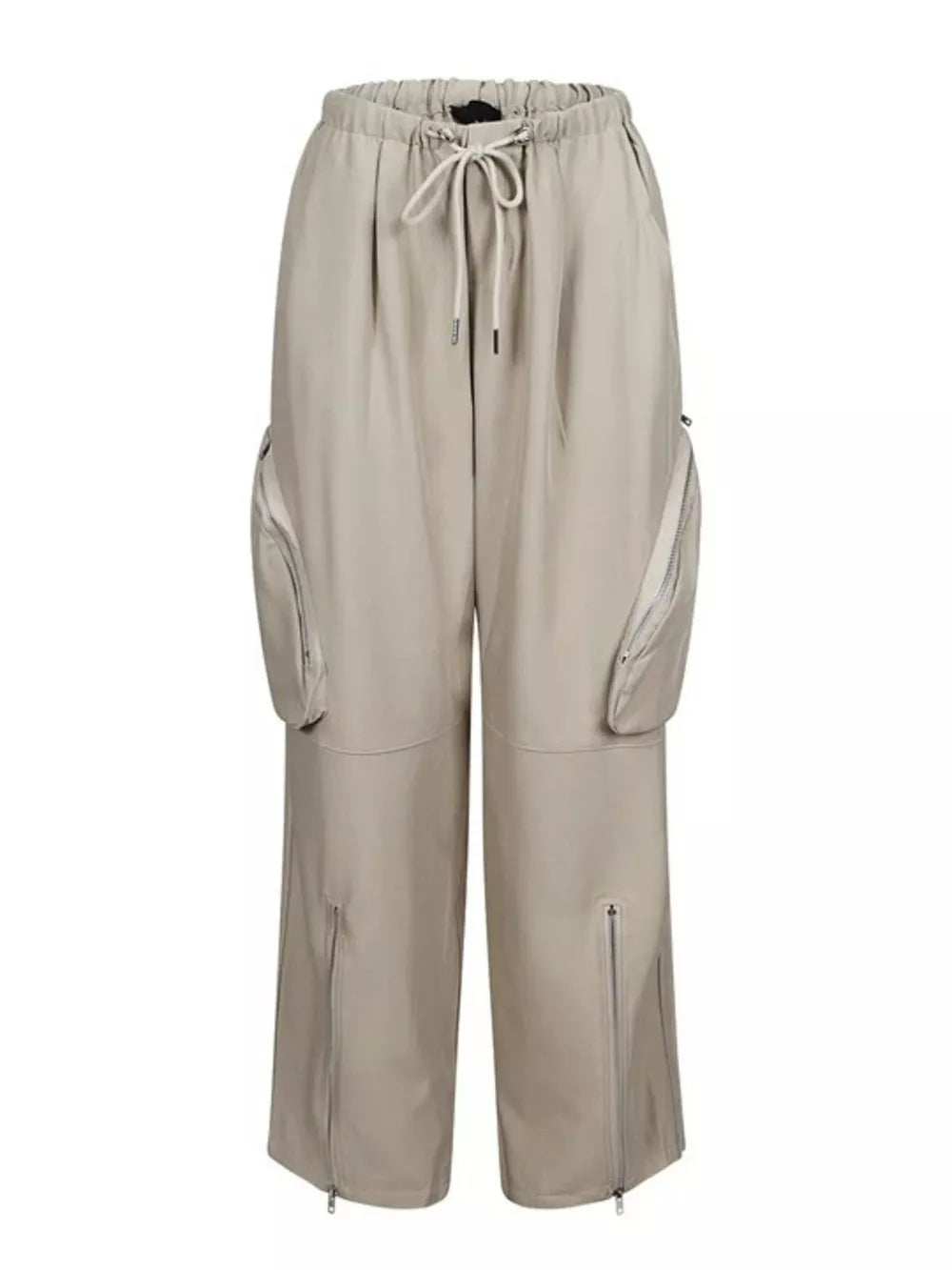 Drawstring Cargo Pants With Zipper Accents in Black, close-up detail