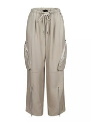 Drawstring Cargo Pants With Zipper Accents in Black, close-up detail