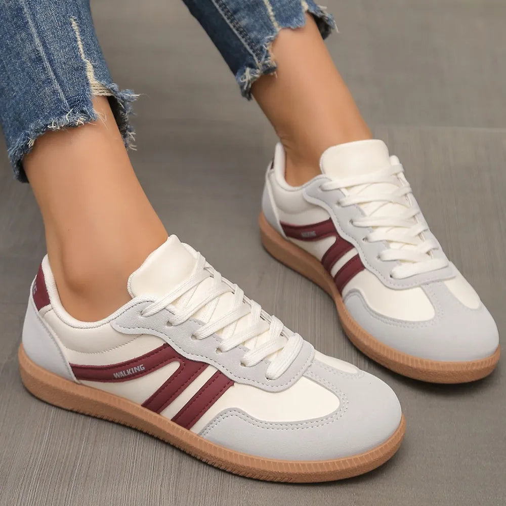 Retro stripe walking sneakers in eggshell with burgundy accents and gum sole.
