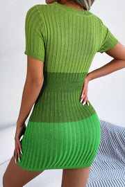Green ribbed knit mini dress with short sleeves and colorblock detail.
