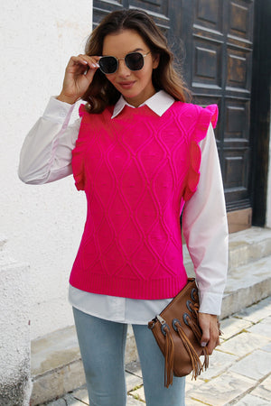 Hot Pink diamond knit ruffle vest top with a white collared shirt underneath.
