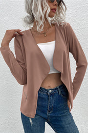 Mocha drape front jacket with zip detail and open neckline.