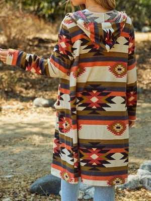 Southwestern print hooded maxi cardigan with pockets in multicolor.
