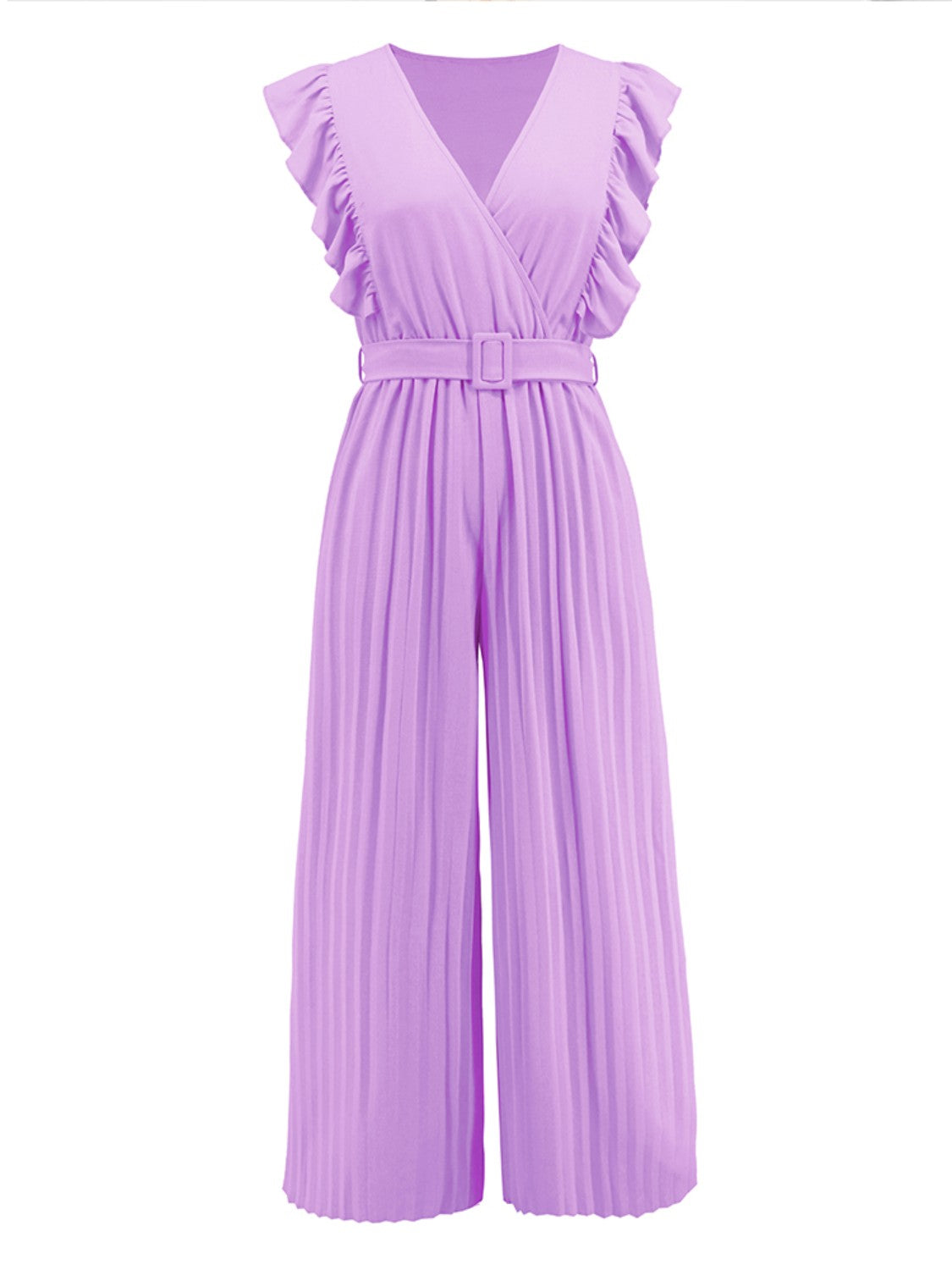 Pink purple pleated ruffle wrap jumpsuit with belt