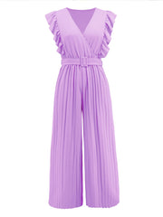 Pink purple pleated ruffle wrap jumpsuit with belt