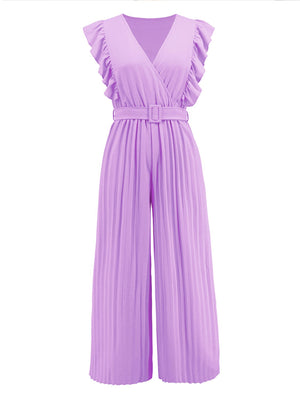 Pink purple pleated ruffle wrap jumpsuit with belt